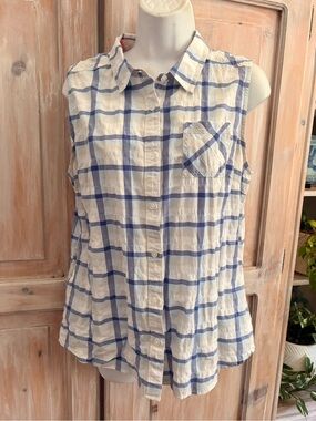 Prana Sleeveless Blue Plaid Button-Front Women's Top large